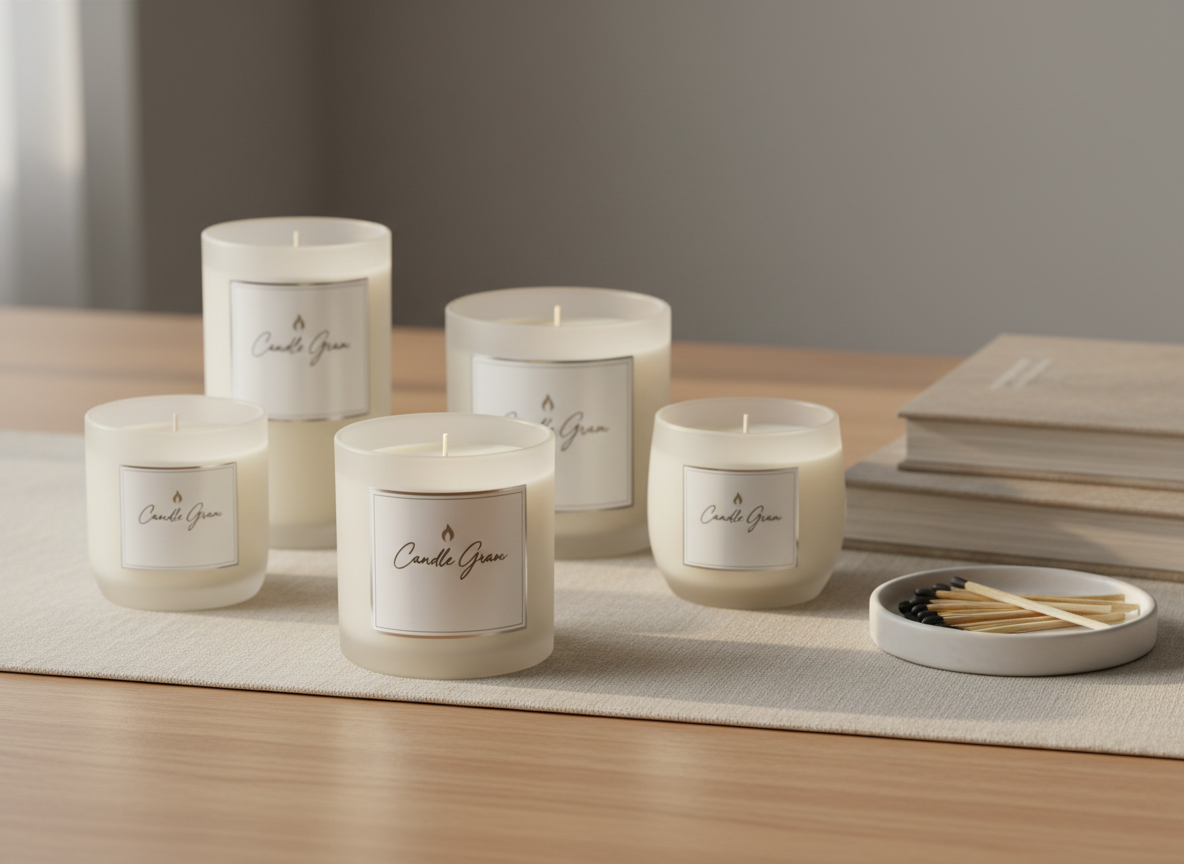 A collection of elegant custom candles in varying heights and widths, each in frosted glass jars with minimalist white labels featuring subtle silver foiling and the Candle Gram logo. The candles are arranged on a smooth, light oak tabletop with a neutral linen runner, surrounded by soft-focus elements like stacked hardcover books and a small ceramic tray of matchsticks. Gentle late-afternoon natural light streams from the left, creating soft reflections on the glass and warm highlights in the creamy wax. Photographed at eye level with a shallow depth of field, the front candle in sharp focus and background softly blurred, the atmosphere feels calm, professional, and luxurious, in a clean, modern, photographic realism style ideal for a homepage hero image.